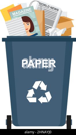 Mülltonne mit Papierabfall, Recycling-Müll, Vektorgrafik Stock Vektor