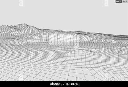 Drahtmodell Landschaft auf weißem Hintergrund. Abstrakter geometrischer Vektor-Technologie-Hintergrund. digitaler 3D-Vektor-Hintergrund. Stock Vektor