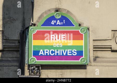 Frankreich. Straßenschild in Paris (4th Bezirk) im Stadtteil Marais Stockfoto