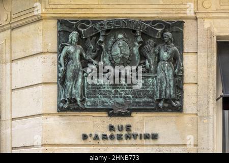 Frankreich. Gedenktafel für Paris (16th Bezirk), argentinische Straße Stockfoto