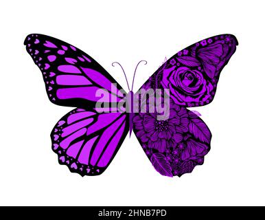 Schmetterling Violett aus Mustern. Vektor gemusterter Illustration für Tattoos, Poster oder Drucke. Handgezeichnete Skizze. Insektensammlung. Stock Vektor