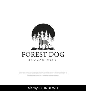 Forest Dog Logo steht hoch im Gesicht Vintage Silhouette Retro Hipster Logo Design Stock Vektor