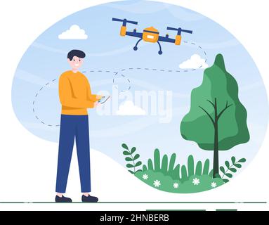 Drohne mit Kamera-Fernbedienung im Überflug zur Aufnahme von Fotografie und Videoaufnahme in flacher Cartoon-Hintergrunddarstellung Stock Vektor