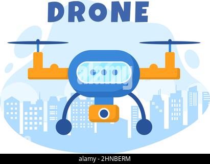 Drohne mit Kamera-Fernbedienung im Überflug zur Aufnahme von Fotografie und Videoaufnahme in flacher Cartoon-Hintergrunddarstellung Stock Vektor