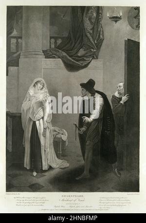 Shylock, Jessica und Launcelot im Haus von Shylock. Aus Shakespeares der Kaufmann von Venedig, Akt 2, Szene 5 Stockfoto