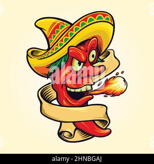 Red Chili Geschmack mit mexikanischen Sombrero Hut Vektor-Illustrationen für Ihre Arbeit Logo, Maskottchen Merchandise T-Shirt, Aufkleber und Label-Designs, Poster Stock Vektor