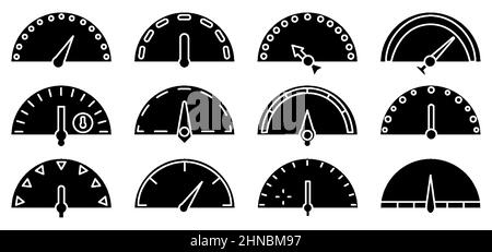 Tachometer und Indikatoren, Skalen Linie Glyphe Silhouette Symbol isoliert auf weißem Hintergrund gesetzt. Sammlung von Bewertungen mit verschiedenen Formen von Pfeilen. Zeichen für schnelle und langsame Geschwindigkeit. Vektorgrafik Stock Vektor