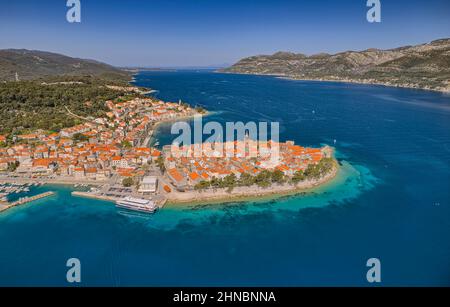 Luftaufnahme der alten mittelalterlichen Stadt Korcula Stockfoto