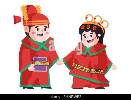 Glückliches Paar trägt rote chinesische traditionelle Ehe Kostüm Mode Kleidung Hochzeit ethnischen china Stock Vektor
