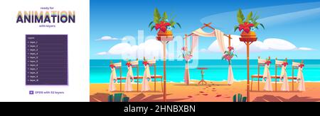 Strand Hochzeit Bogen und Dekoration am Meer Parallax Hintergrund mit 2D getrennten Schichten bereit für Spiel-Animation. Torbogen mit Blumenmuster und Stühle stehen am Sandstrand des Ozeans, Cartoon-Vektor-Illustration Stock Vektor