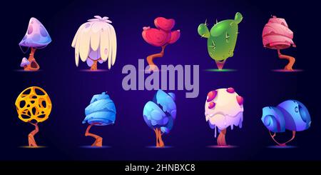 Fantasy-Bäume und Pilze für ui-Game-Design. Vektor-Cartoon-Set von fantastischen Wald mit Pilzen und ungewöhnlichen Bäumen mit Krone mit Löchern, Herz, Kaktus oder süßen Süßigkeiten auf dunklem Hintergrund isoliert Stock Vektor