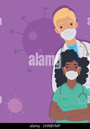 Interrassische Ärzte koppeln Arbeitercharaktere Stock Vektor