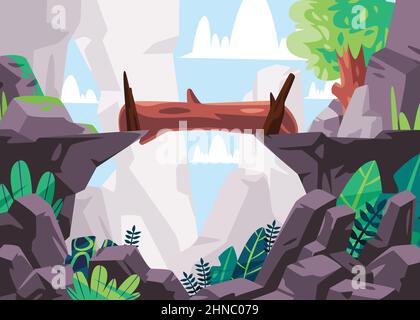 Log Fallbrücken zwischen zwei Klippe Landschaft Natur Illustration Zeichnung Grafik Baum Dschungel Berg Stock Vektor