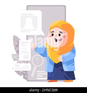 Cartoon von Frau Mädchen tragen Hijab Schleier Schal präsentieren vor dem großen Bildschirm erklären Smartphone reden Chat Social Media Stock Vektor