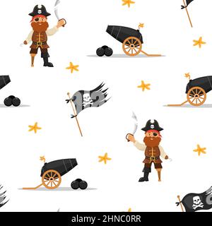 Nahtloses Muster mit Piratenkanone, Flagge und Kapitän. Kindliche Vektor-Illustration in flachen Cartoon-Stil. Handgezeichnetes Stoffdesign oder Packpapier Stock Vektor