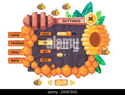 Game Set Benutzeroberfläche von Honigbiene Einstellung Menü Fenster mobile Anwendung Design Grafik Stock Vektor