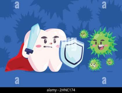 Zahnzähne gesunden Charakter Superheld hält Schwert und Schild Kampf Bakterien schützen vor Zerfallshöhle Stock Vektor