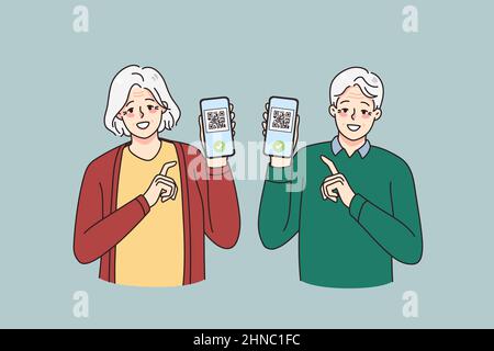 Lächelnder alter Mann und Frau zeigen digitale qr-Codes-Impfzertifikate auf Mobiltelefonen. Glückliches reifes Paar demonstriert covid Impfungen Gesundheit Pass auf dem Smartphone. Vektorgrafik. Stock Vektor