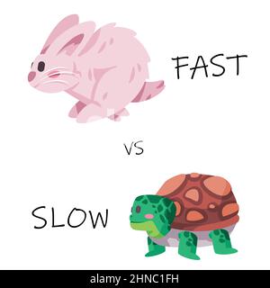 Schneller vs langsamer Hasenhase Hase und Schildkröte Schildkröte handgezeichnete Cartoon-Lauf Wettbewerb Stock Vektor
