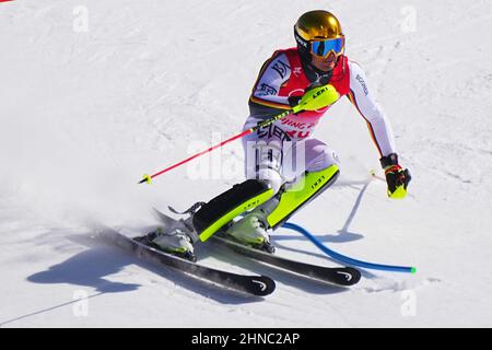 Yanqing, China. 16th. Februar 2022. Olympische Spiele, Alpinski, Slalom, Männer, im Nationalen Alpinskizentrum, Alexander Schmid aus Deutschland in Aktion. Quelle: Michael Kappeler/dpa/Alamy Live News Stockfoto