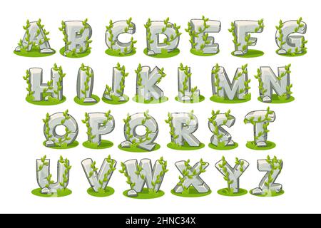 Steinalphabet mit Gras zum Lernen auf weißem Hintergrund. Vektor-Illustration graue Buchstaben, Schrift aus Felsen und Baumzweige für Design. Stock Vektor