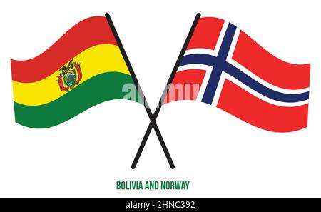 Bolivien und Norwegen Flaggen gekreuzt und winken Flat Style. Offizieller Anteil. Korrigieren Sie Die Farben. Stock Vektor