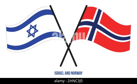 Israel und Norwegen Flaggen gekreuzt und winken Flat Style. Offizieller Anteil. Korrigieren Sie Die Farben. Stock Vektor