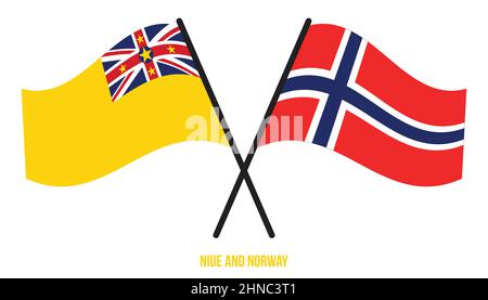 Niue und Norway Flaggen gekreuzt und winkend Flat Style. Offizieller Anteil. Korrigieren Sie Die Farben. Stock Vektor