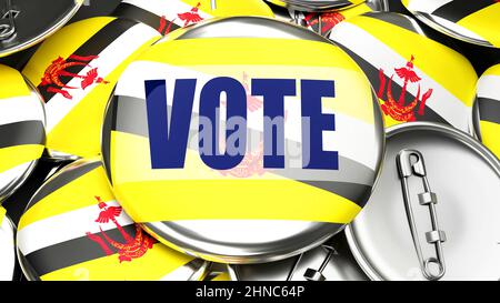 Brunei Darussalam und Vote - Dutzende von Rückendetasten mit einer Flagge von Brunei Darussalam und einem Wort Vote. 3D Render symbolisiert die bevorstehende Abstimmung in diesem c Stockfoto