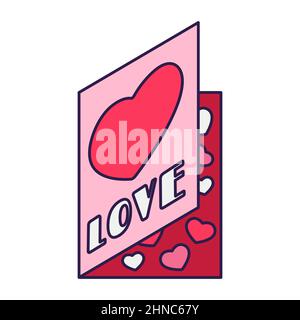 Retro-Grußkarte mit Valentinstag-Symbol und Herzen. Liebessymbol im modischen Pop-Line-Art-Stil. Die niedliche Postkarte ist in sanftem Pink, Rot und Kor gehalten Stock Vektor