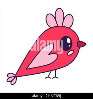 Kawaii Valentinstag Ikone Vogel mit Herz Perücke. Liebessymbol im modischen Pop-Line-Art-Stil. Der niedliche Vogel mit Herz ist in korallenrosa, rot, an Stock Vektor