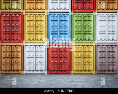 Stapel von bunten Frachtcontainern. 3D Abbildung. Stockfoto