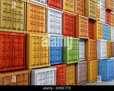 Stapel von bunten Frachtcontainern. 3D Abbildung. Stockfoto