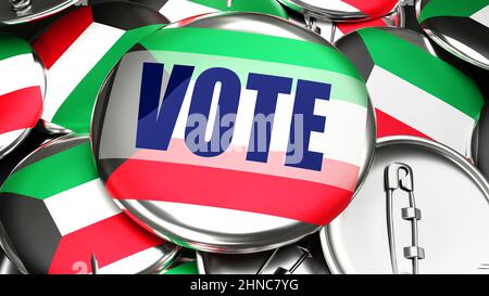 Kuwait and Vote - Dutzende von Pinnback-Tasten mit einer Flagge von Kuwait und einem Wort Vote. 3D Render symbolizing upcoming Vote in this country., 3D illustrati Stockfoto