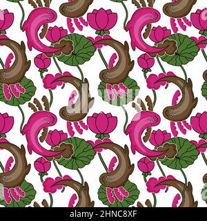 Nahtloses Axolotl-Muster, gezeichnetes Element im Doodle-Stil. Wassertiere und Lotusse. Leuchtendes Muster in Pink und Grün. Muster in modischer Linienform Stock Vektor