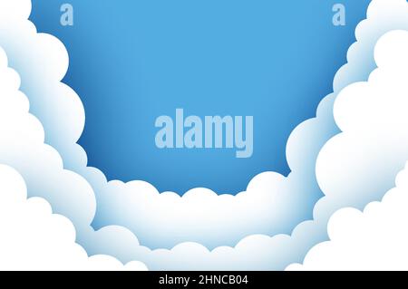 Wolkiger Papierschnitt. Banner mit 3D papiergeschnittenen Wolken am blauen Himmel. Blue Sky Clouds im Papierstil. Volumetrische Wolkenlandschaft. Runder Rahmen. In Mehreren Schichten Stock Vektor