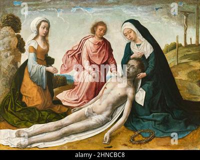 Juan de Flandes. Die Klage über den toten Christus. Ca. 1500. Öl auf Platte. 23 x 30 cm Stockfoto