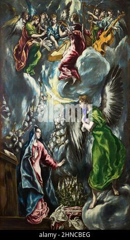 El Greco (Doménikos Theotokópoulos) (1541-1614). Die Verkündigung. Ca. 1596-1600. Öl auf Leinwand. 114 x 67 cm. El Greco war ein griechischer Maler des Spa Stockfoto