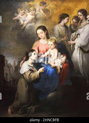 Bartolomé Esteban Murillo (1617-1682). Die Jungfrau und das Kind mit der heiligen Rose von Viterbo. Ca. 1670. Öl auf Leinwand. 190 x 147 cm. Bartolomé Esteban Muri Stockfoto