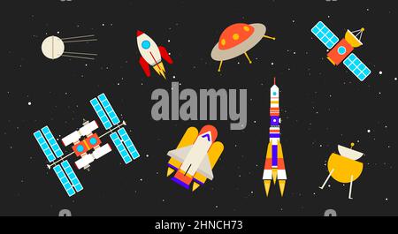 Eine Sammlung verschiedener Raumschiffe. Raum, Sternenhimmel Hintergrund. Flache Vektorgrafik isoliert auf schwarzem Hintergrund. Stock Vektor