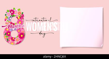 Internationaler Frauentag 8. März mit Blumen und Papiernotiz. Happy Women Day elegante Vektor-Schriftzug auf rosa Hintergrund Stock Vektor