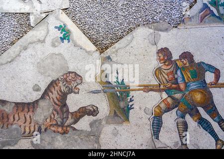 Mosaik, das Soldaten mit Speeren zeigt, die im Großen Palast von Konstantinopel einen Tiger aus der byzantinischen Zeit bekämpfen. 4th-6th Jahrhundert. Stockfoto