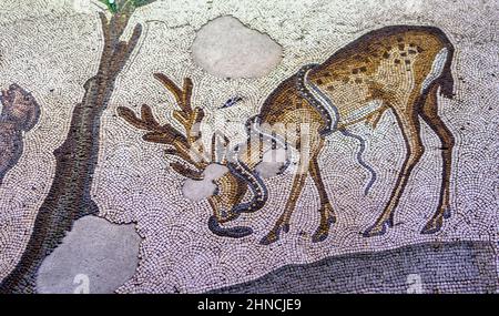 Mosaik mit einem Hirsch, der eine Schlange aus der byzantinischen Zeit (oströmische Zeit) im Großen Palast von Konstantinopel tötete. 4th-6th Jahrhundert. Stockfoto