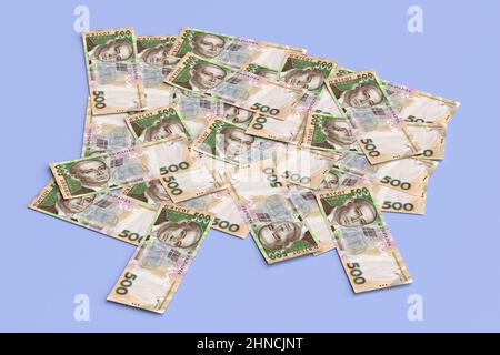 Stapel des ukrainischen Geldes hrywna (grivna, hrywna) mit 500 Banknoten. Finanzierungskonzept Stockfoto