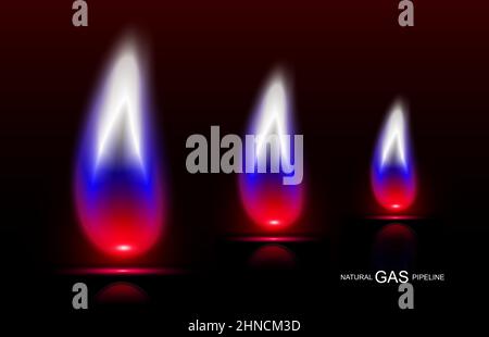 Banner mit dreifarbiger Neonflamme. Weißes, rotes, blaues Feuer, Symbol der Gaspipeline aus Russland. Gas North Stream. Gaskonzept für Haushalte und fossile Brennstoffe Stock Vektor