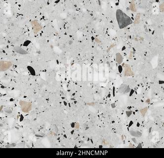Terrazzo-Marmorboden mit nahtloser Textur. Natursteine, Granit, Marmor, Quarz, Kalkstein, Beton. Beige Hintergrund mit farbigen Chips. Stockfoto