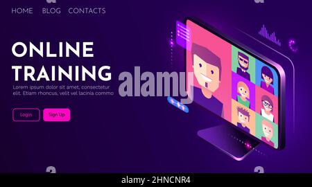 Online-Schulungen, Videokonferenzen und Fernschulungskonzept. Computer mit Videoanruf. Landing Page Stock Vektor