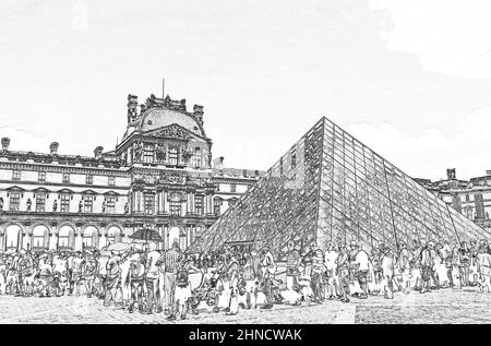 Touristen Schlange vor dem Pyranid des Louvre Museum Paris Frankreich Stockfoto