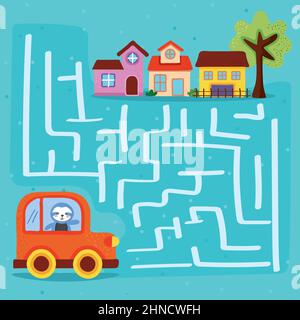 Auto und Häuser in Labyrinth für Kinder Stock Vektor