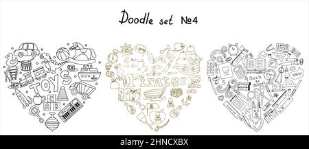 Vector Doodle Pirat, Spielzeug, Schule ergänzt Sets. Eine Karte mit einer handgezeichneten Skizze eines Meerjungfrau-Schiffes und von Piratenartikeln. Vorlage für Kinderpostkarten Stock Vektor